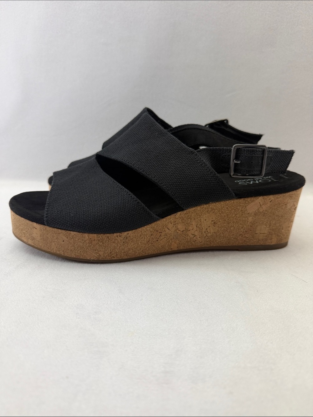 Women’s Black Fabric Cork Wedge Platform Sling Sandals Size 9.5W - Picture 5 of 7
